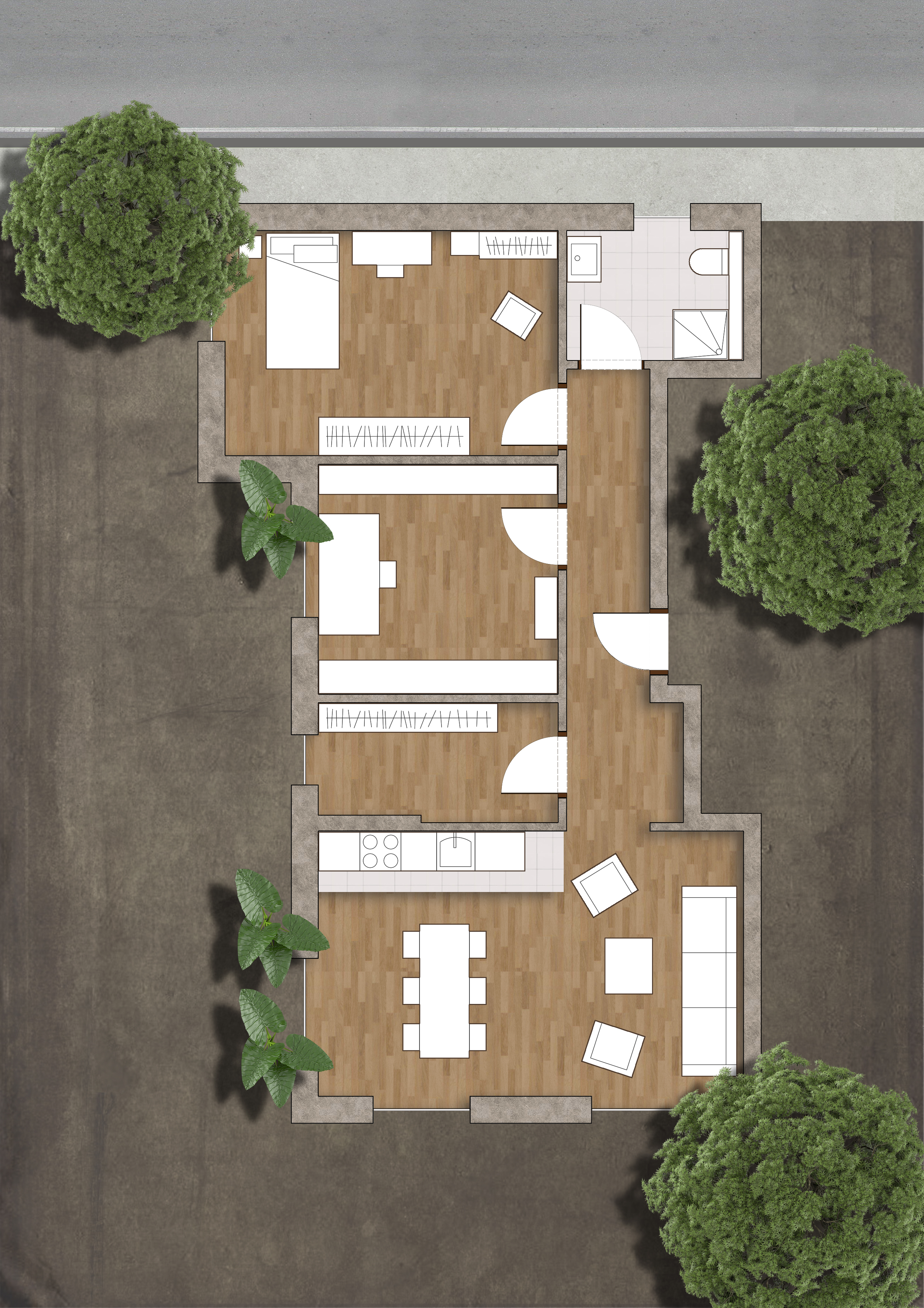 Plano a color con acabados y vegetación